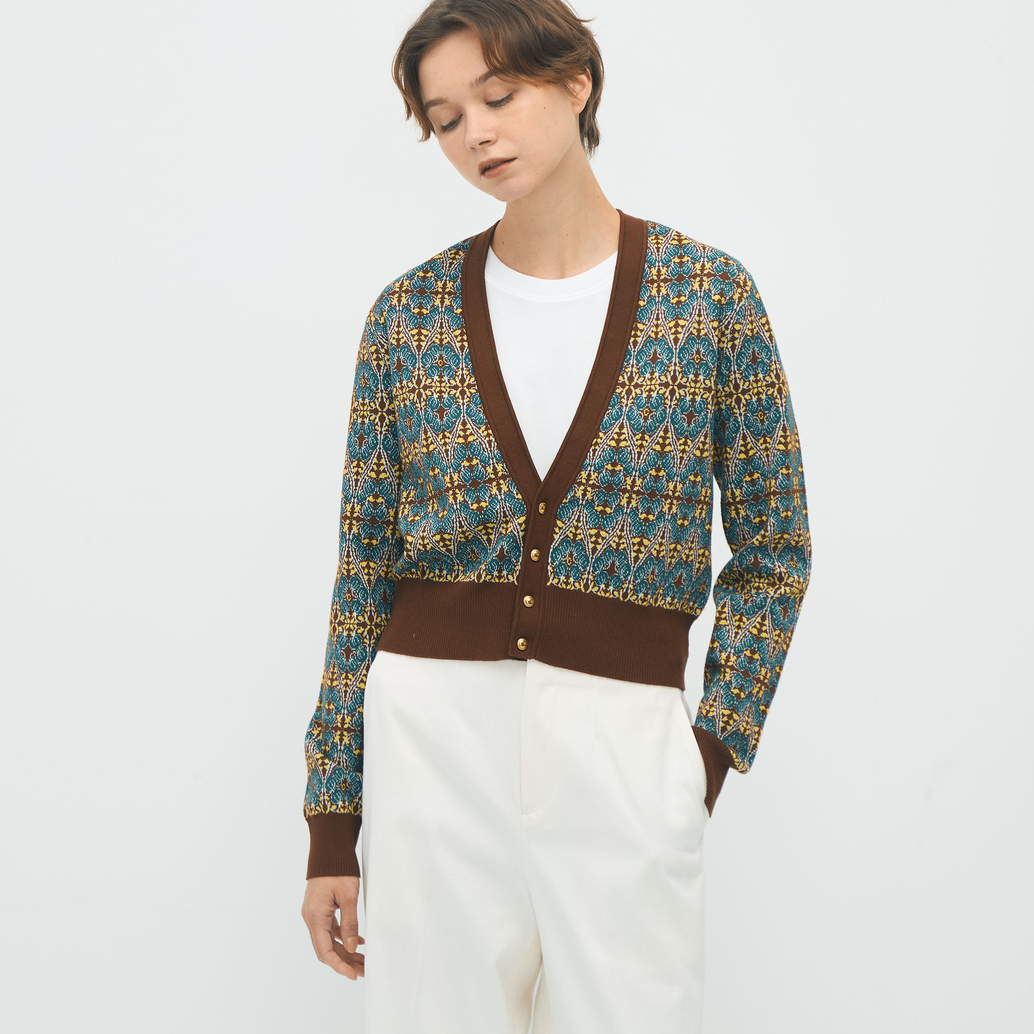 CABaN コットンカシミヤストレッチ ジャカードプリントVネック