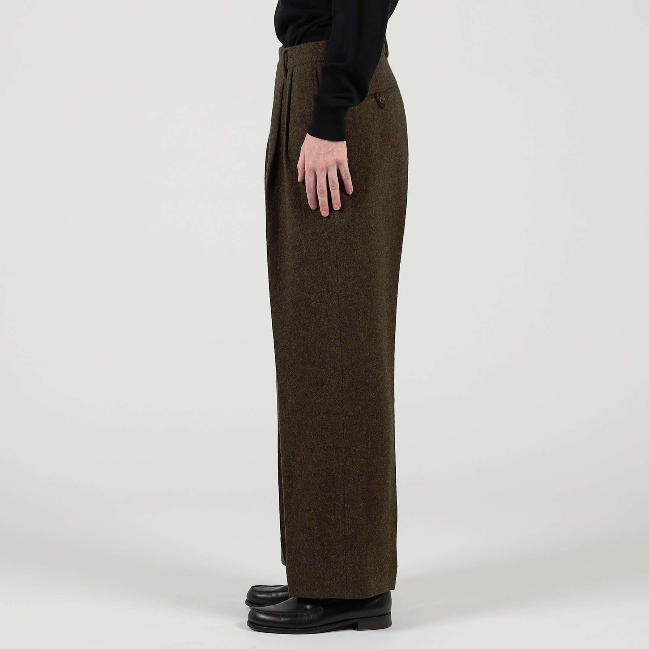 ウールツイードヘリンボーン 2プリーツワイドストレートバレルパンツ