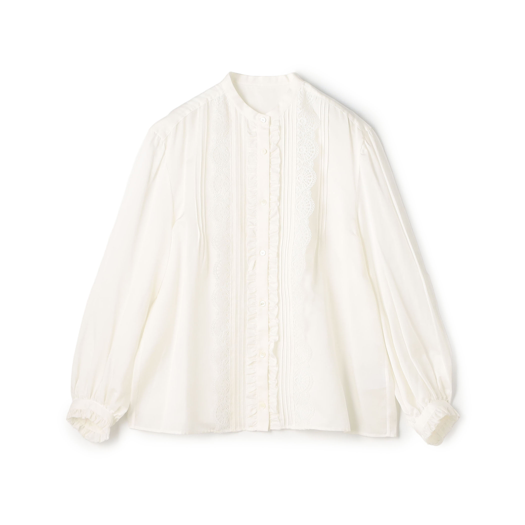 コットンシルクサテン タック＆レースブラウス