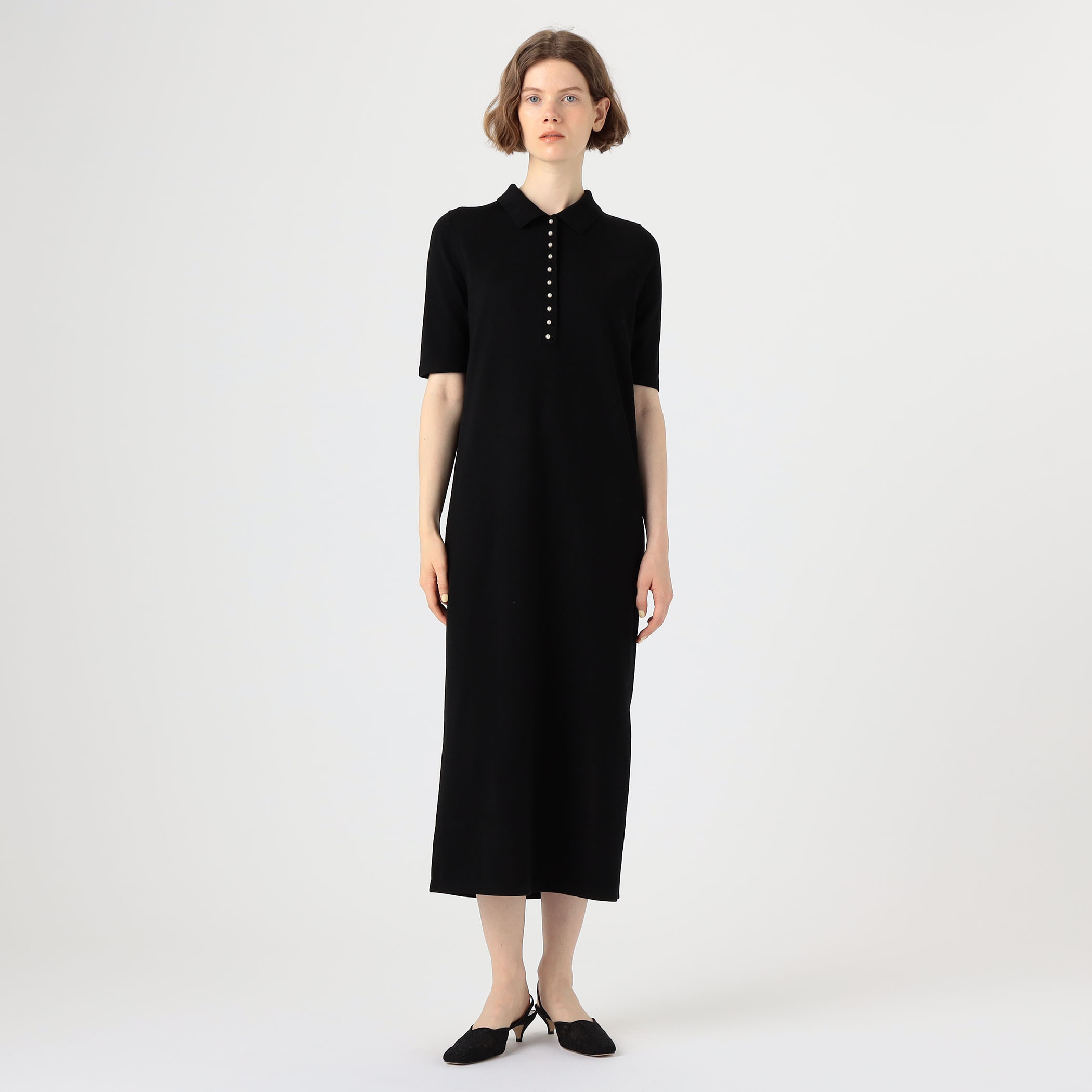 ウールポリエステルパールコンビ ポロロングワンピース