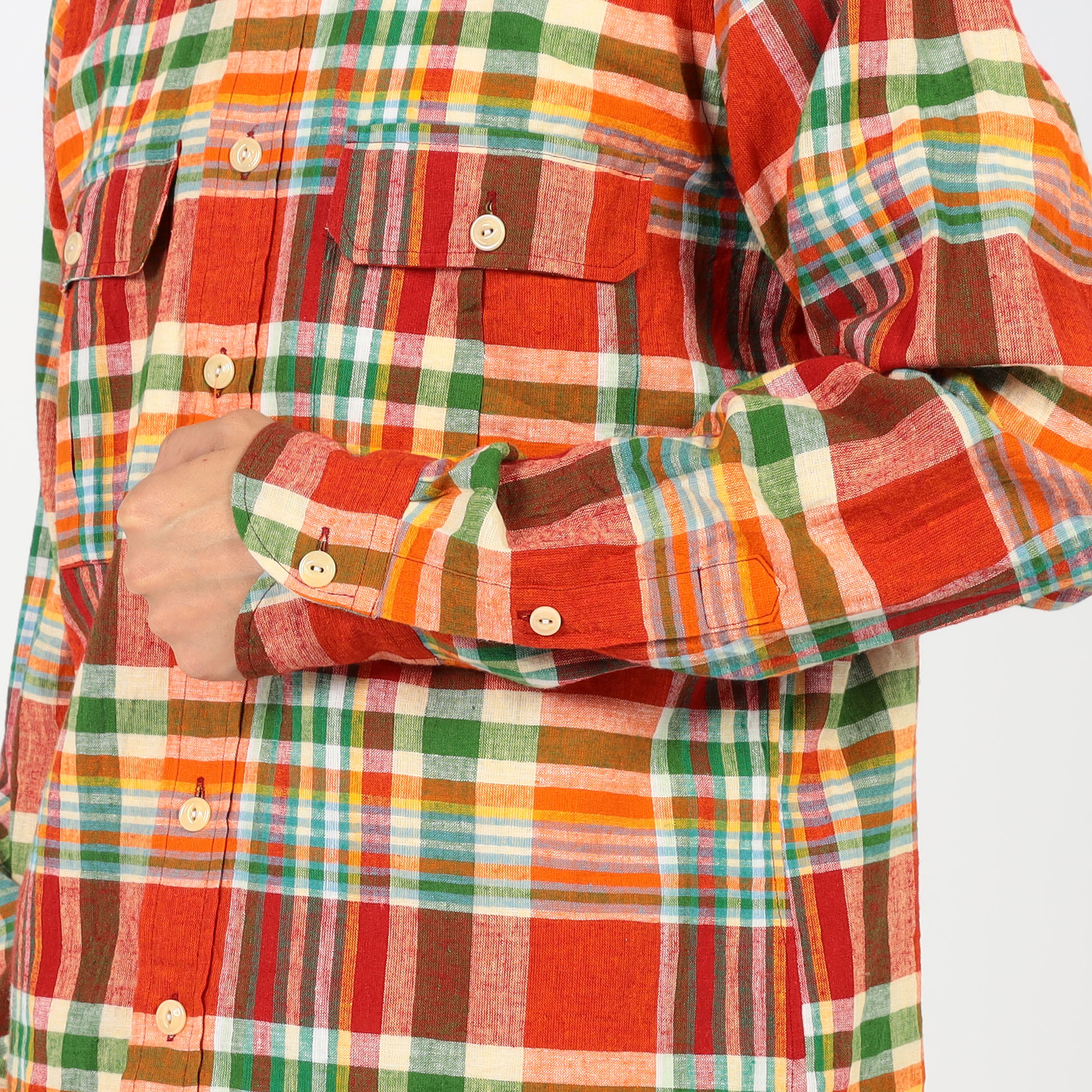 Drake's コットンリネン ダブルポケット レギュラーカラーシャツ